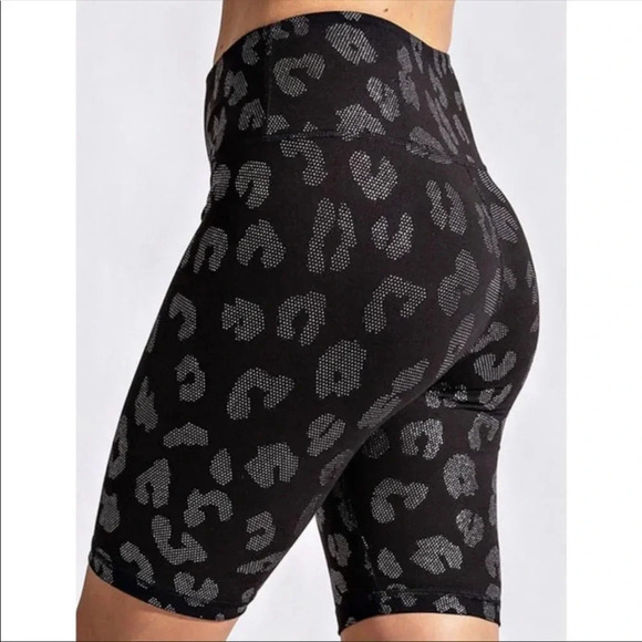 Black Silver Leopard Embossed Biker Shorts — High Waisted Compression Fit - Picture 2 of 3